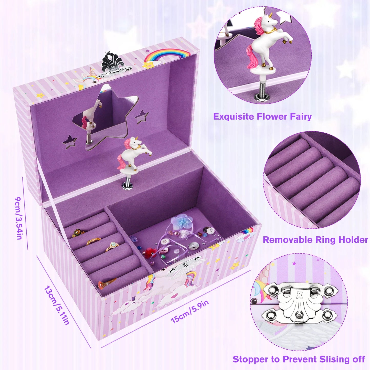 15cmx13cmx9cm purple jewelry box musical unicorn