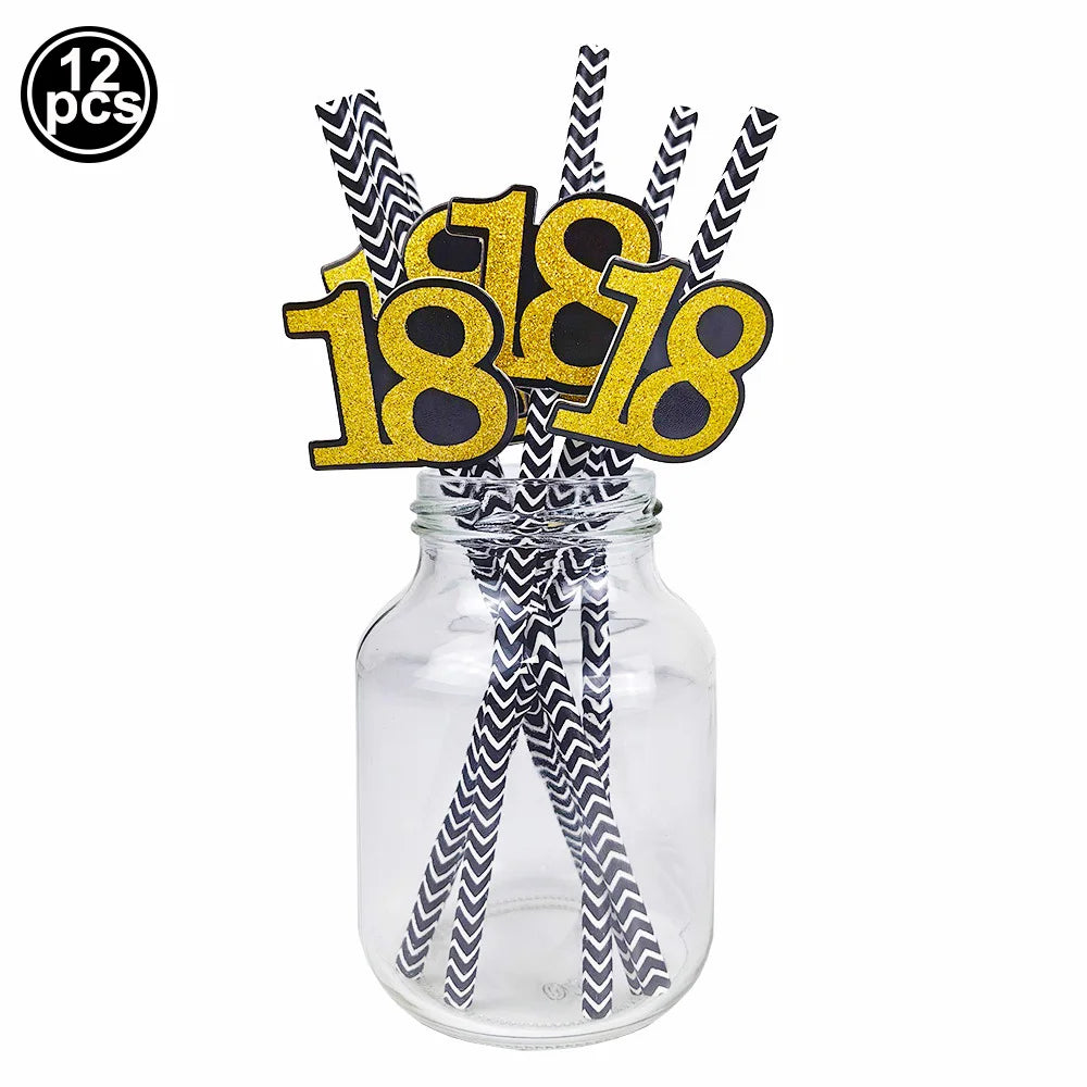 18th birthday straws black white gold
