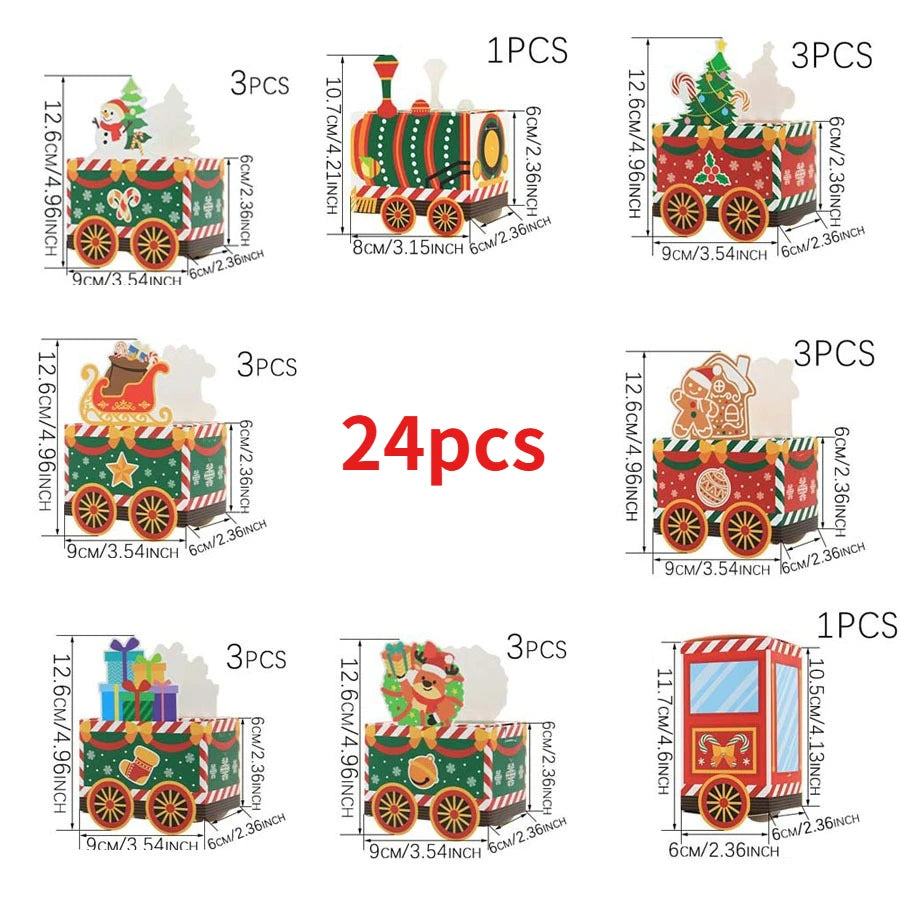 Set of Christmas-themed train decorations with dimensions and quantities indicated.