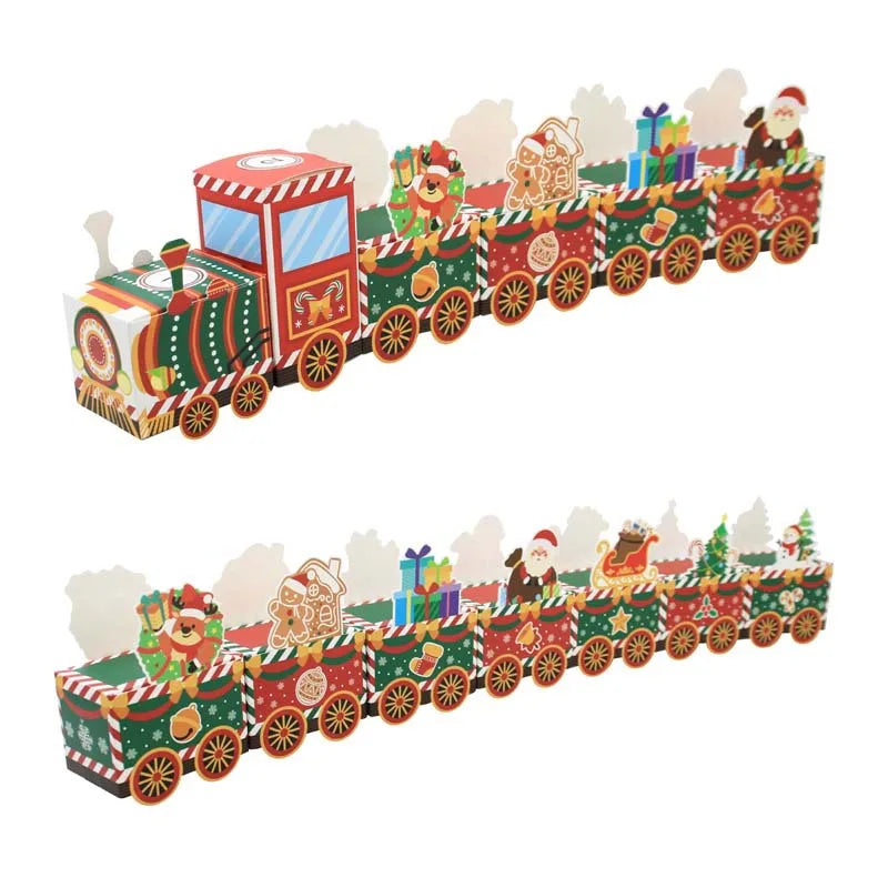 Decorative Christmas train with colorful design on a white background