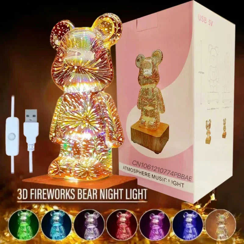 3D Fireworks Bear Night Light usb plug
