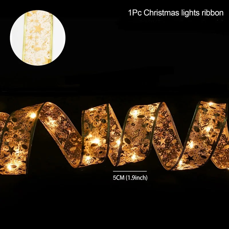 5cm Gold Christmas tree ribbon with warm lights