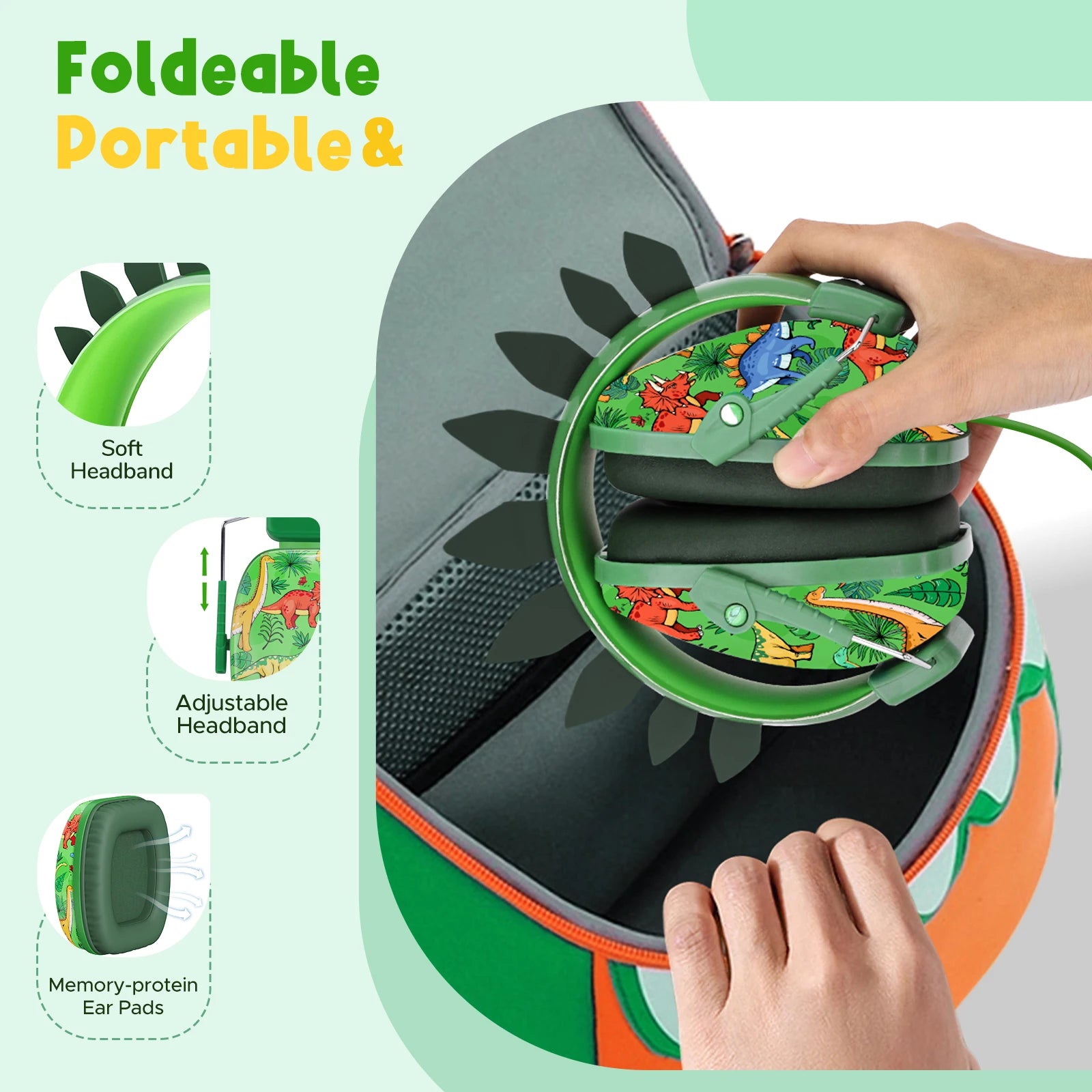Adjustable soft headband foldable and portable dinosaur headset