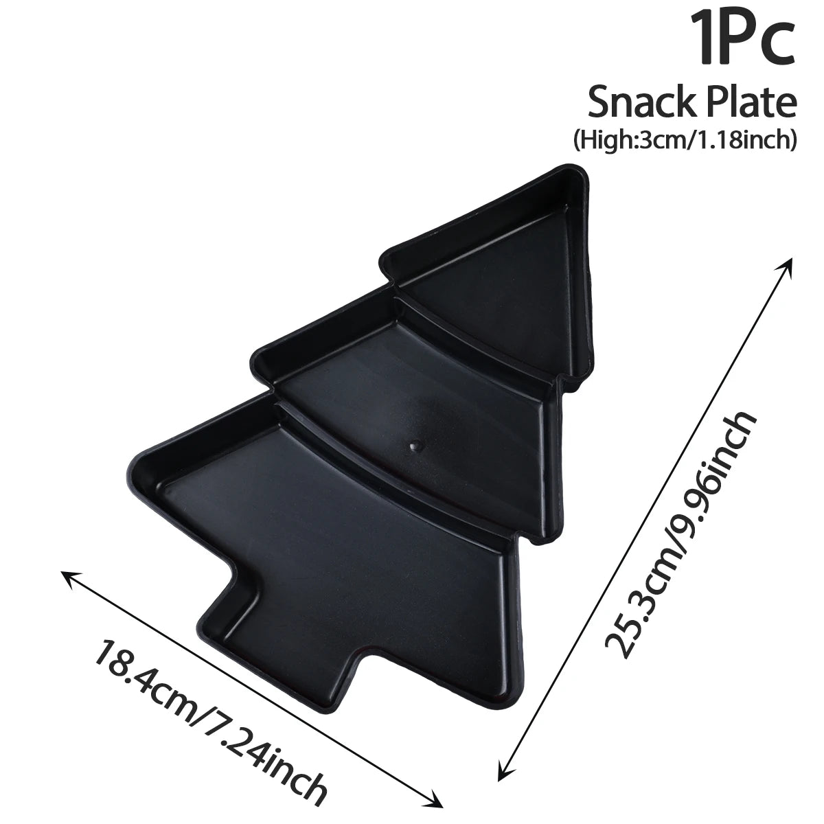 Black Christmas Tree snack plate with dimensions on a white background