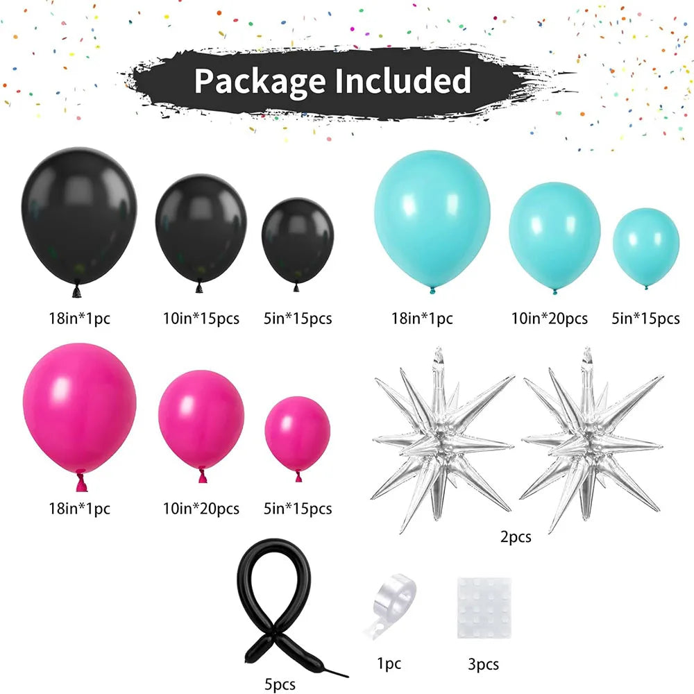 List of package contents including balloons and decorative items on a white background.