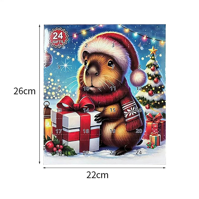 Advent calendar with a beaver holding a gift, Christmas tree, and lights on a snowy background.