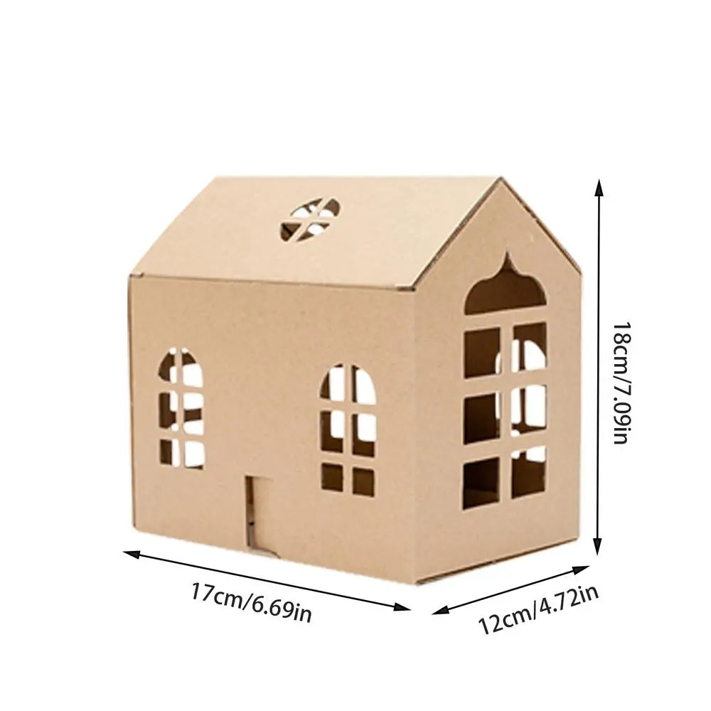 Cardboard house-shaped box with cut-out windows and dimensions on a white background. diy craft