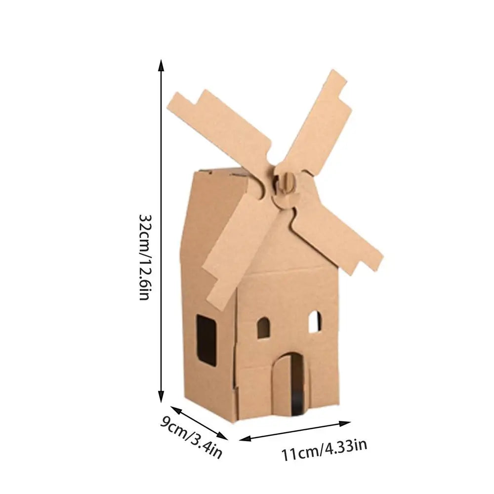 Cardboard windmill model craft with dimensions indicated on a white background