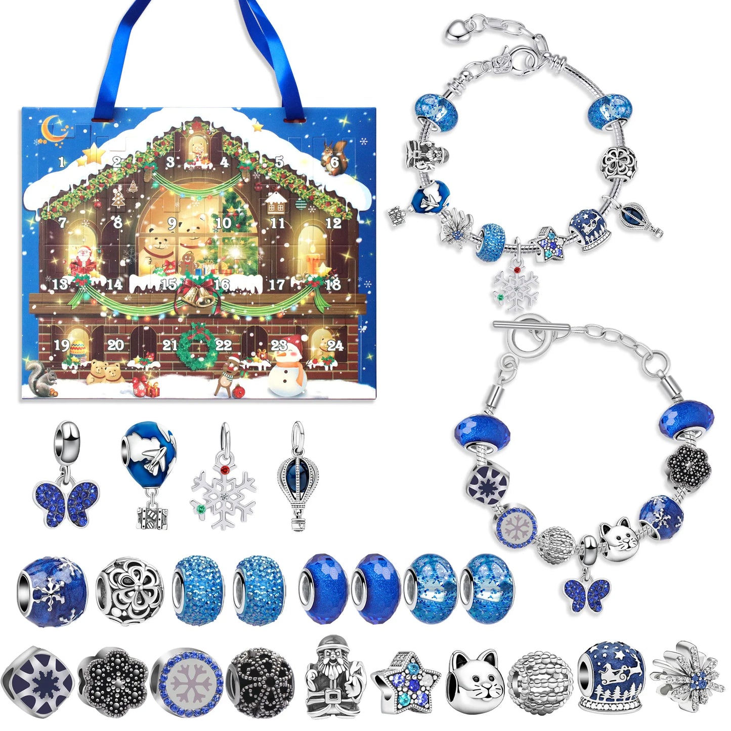 Collection of blue and silver charms and a bracelet on a white background with a Christmas-themed packaging.