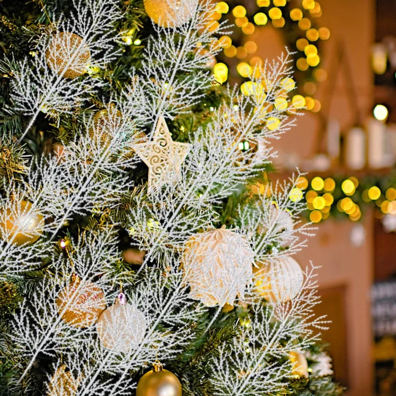 Decorated Christmas tree with ornaments and lights, blurred background