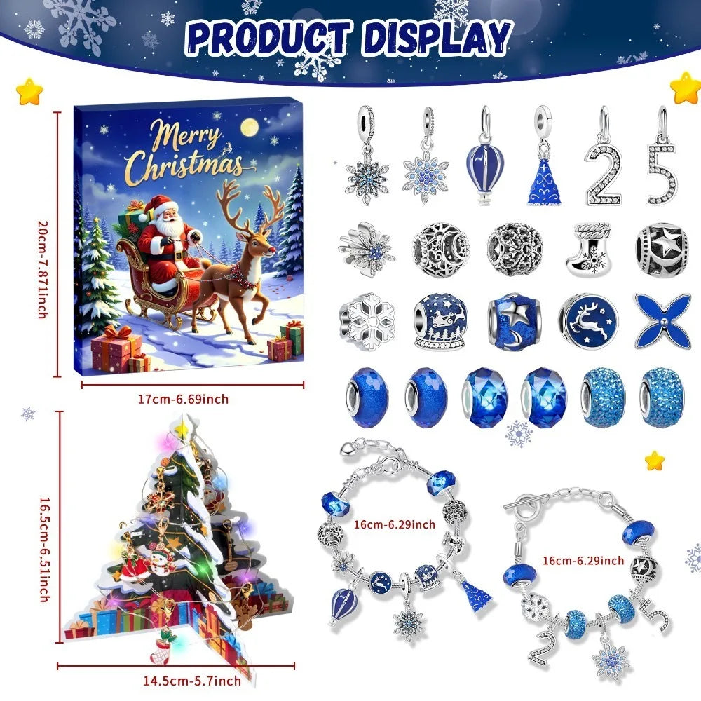 Collection of Christmas-themed charms and a decorative tree with measurements on a blue background.