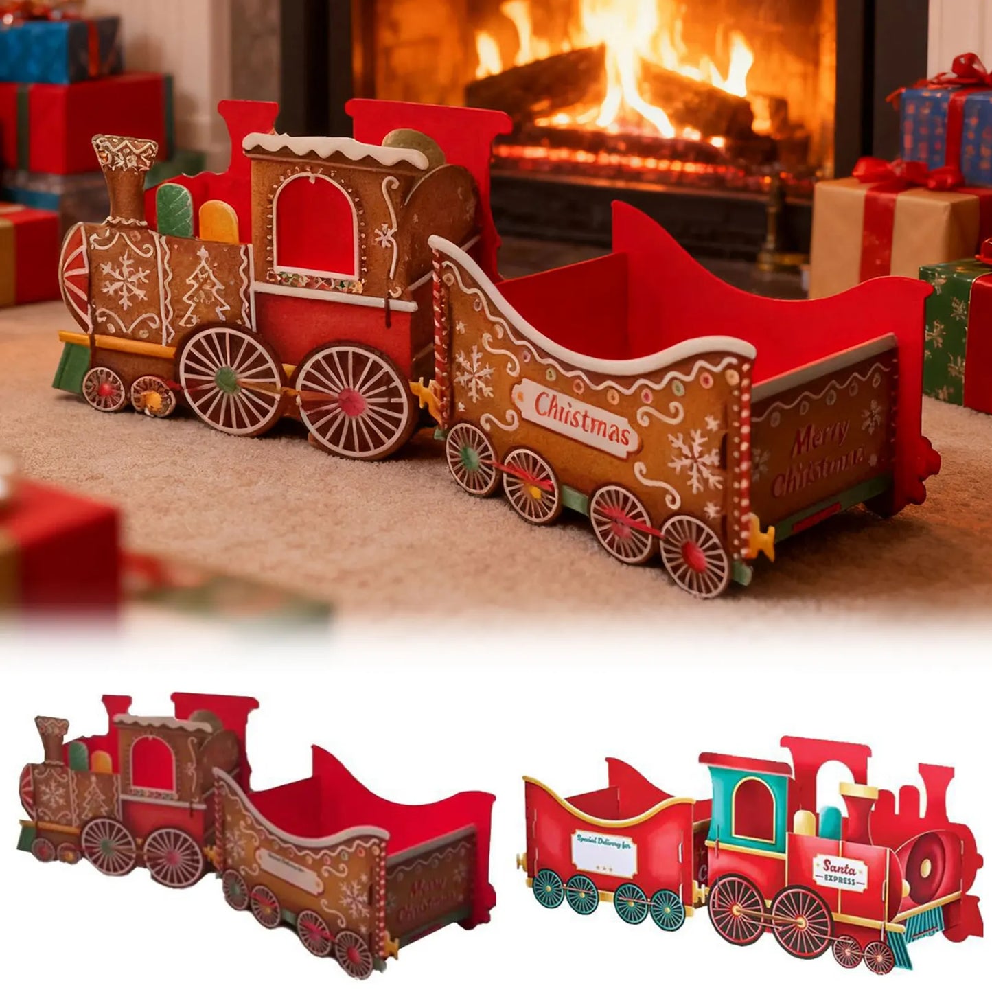 Christmas-themed toy train set present holder in front of a fireplace with presents.