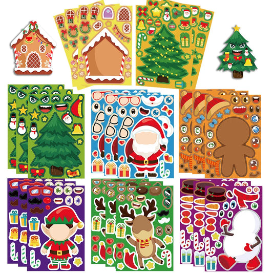 Collection of Christmas-themed sticker sheets with various designs on a white background.