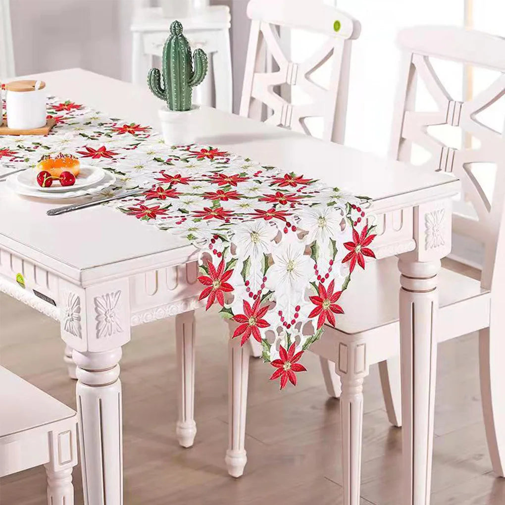 Christmas Table Runner White and red poinsettia