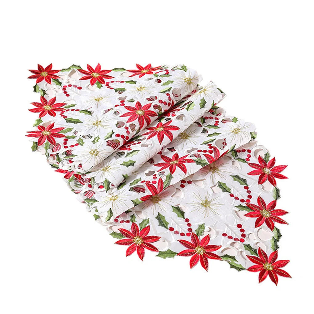 Christmas Table runner Poinsettia red white green