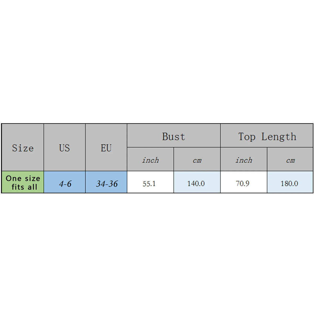 Size chart for a garment with measurements in inches and centimeters.