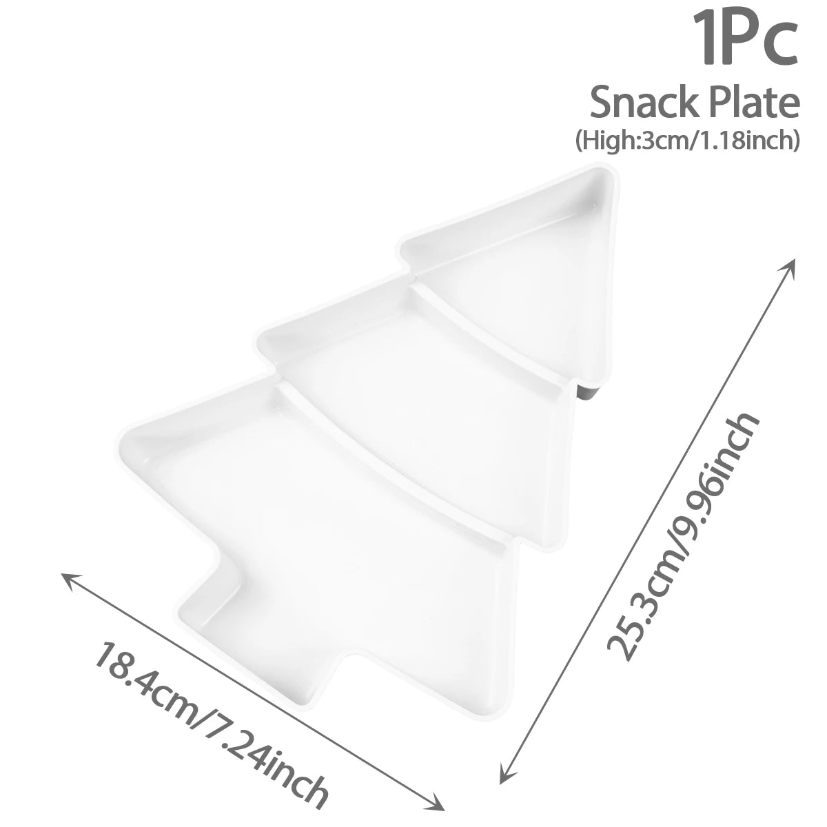 Christmas Tree White snack plate with dimensions on a white background