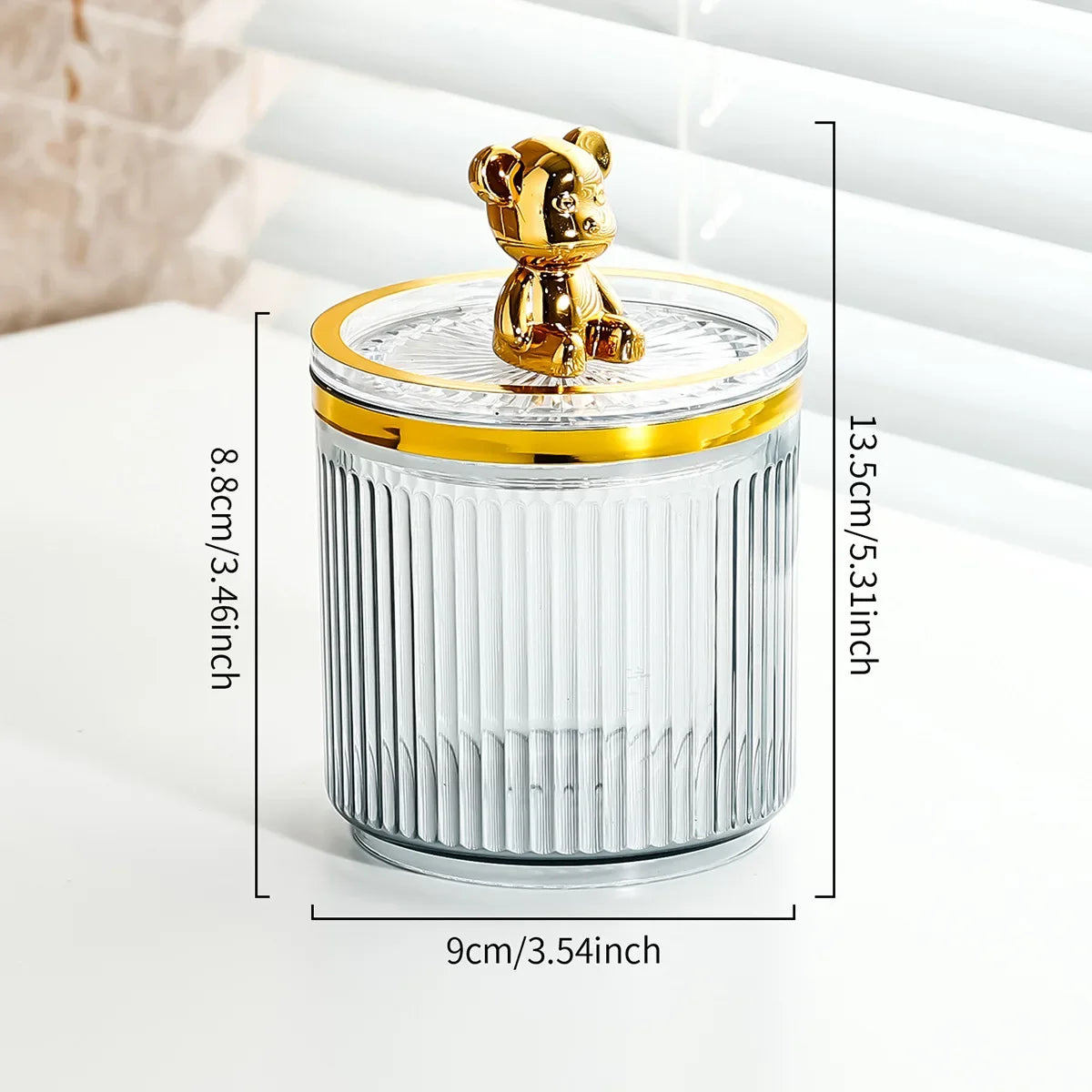 Clear Grey cotton pad container and golden Bear