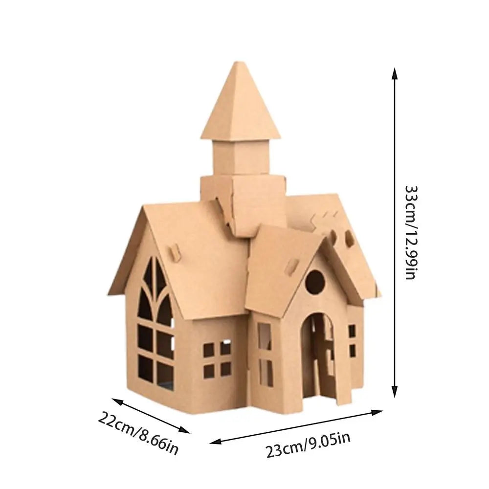 Cardboard DIY house Church model with measurements on a white background