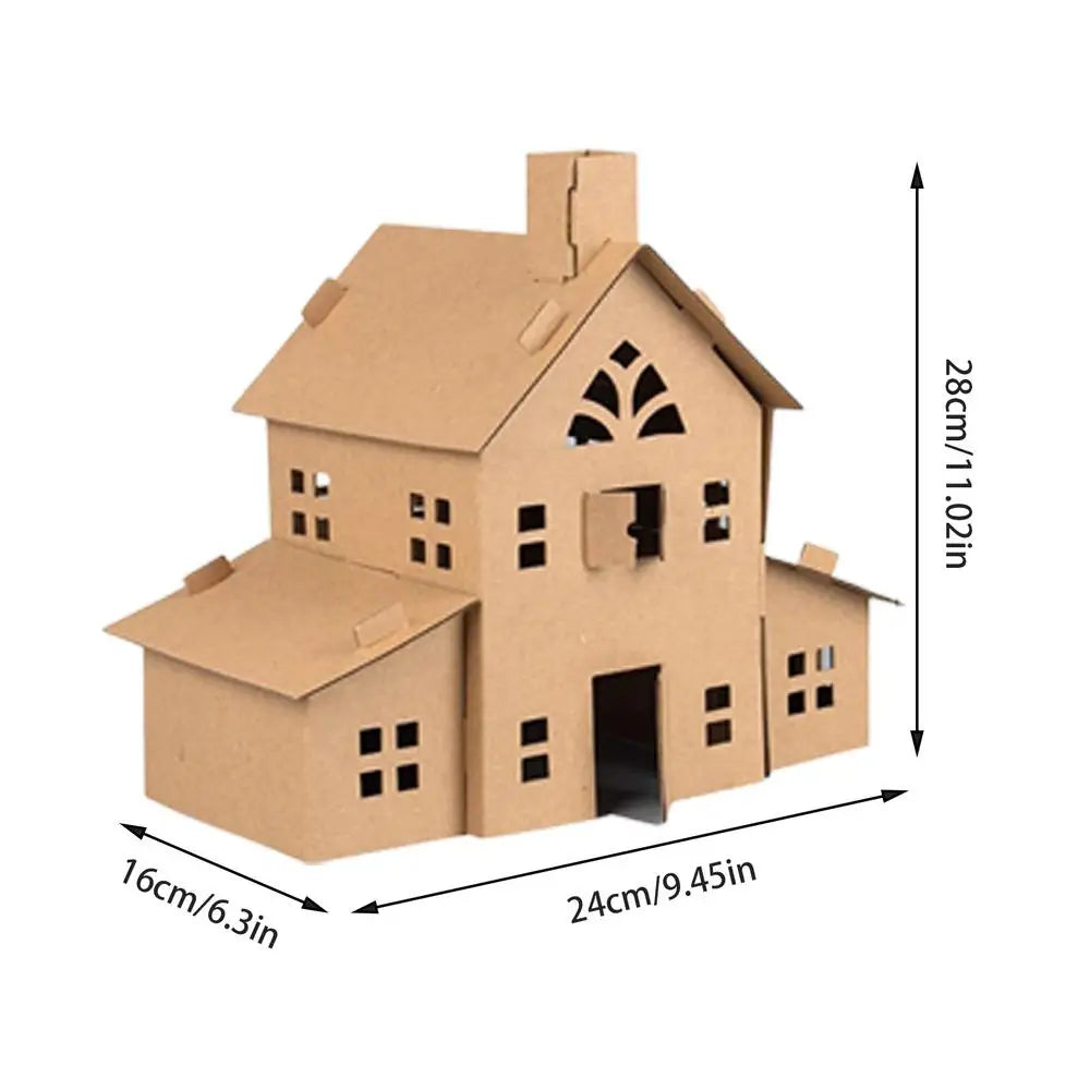 Cardboard house model with dimensions indicated on a white background DIY Craft