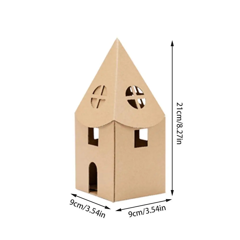 Cardboard playhouse with dimensions indicated on a white background