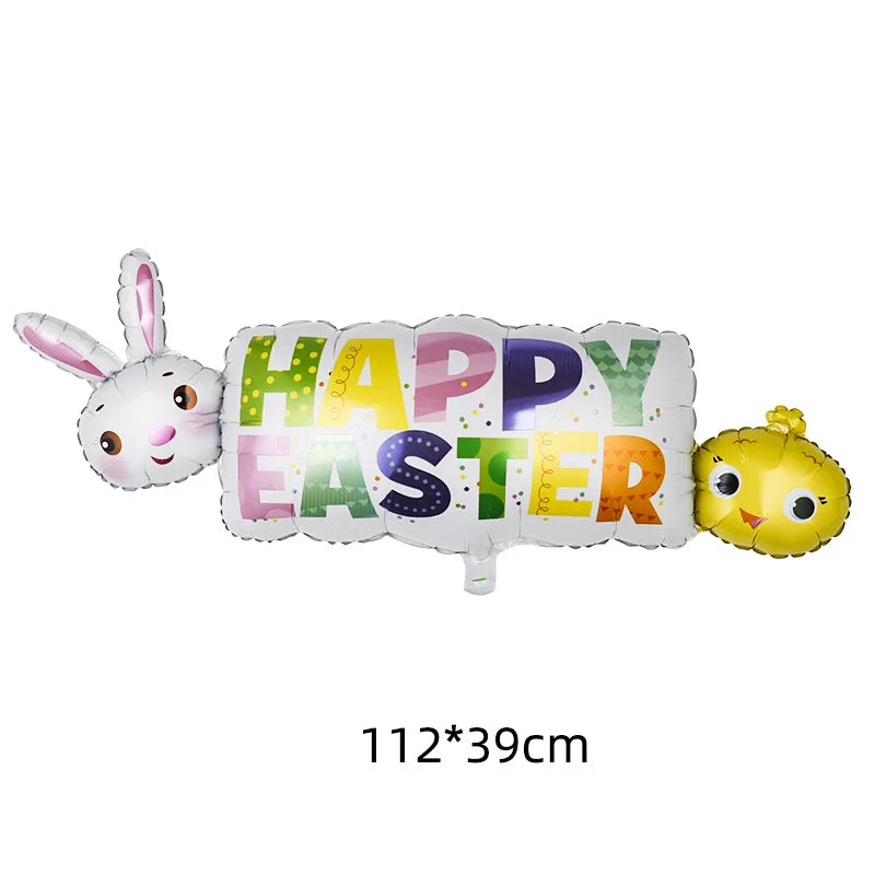 Easter-themed balloon with bunny and chick designs on a white background