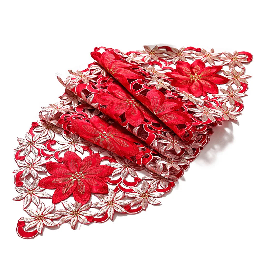 Embroided Polyester Christmas Table Runner Red