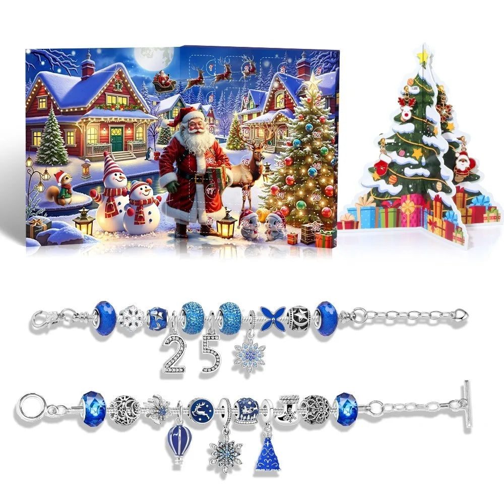 Christmas-themed advent calendar with Santa Claus and Christmas tree, featuring a silver bracelet with blue and silver charms.