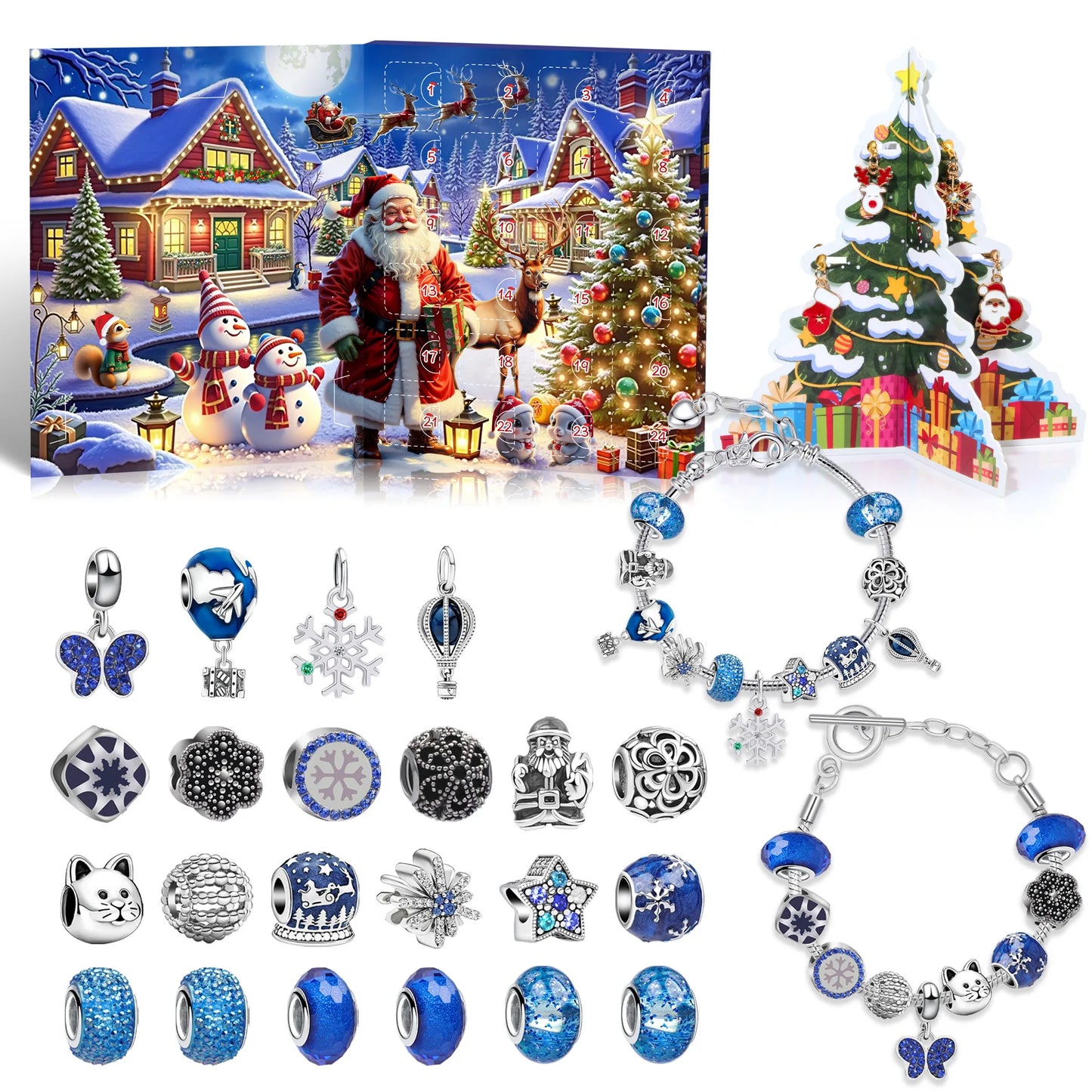 Collection of Christmas-themed jewelry including a bracelet and various charms on a snowy village background.