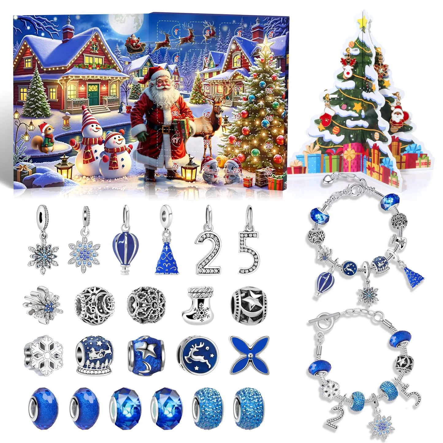 Christmas-themed advent calendar with Santa Claus, snowman, and Christmas tree, surrounded by Christmas jewelry including charms and a bracelet.