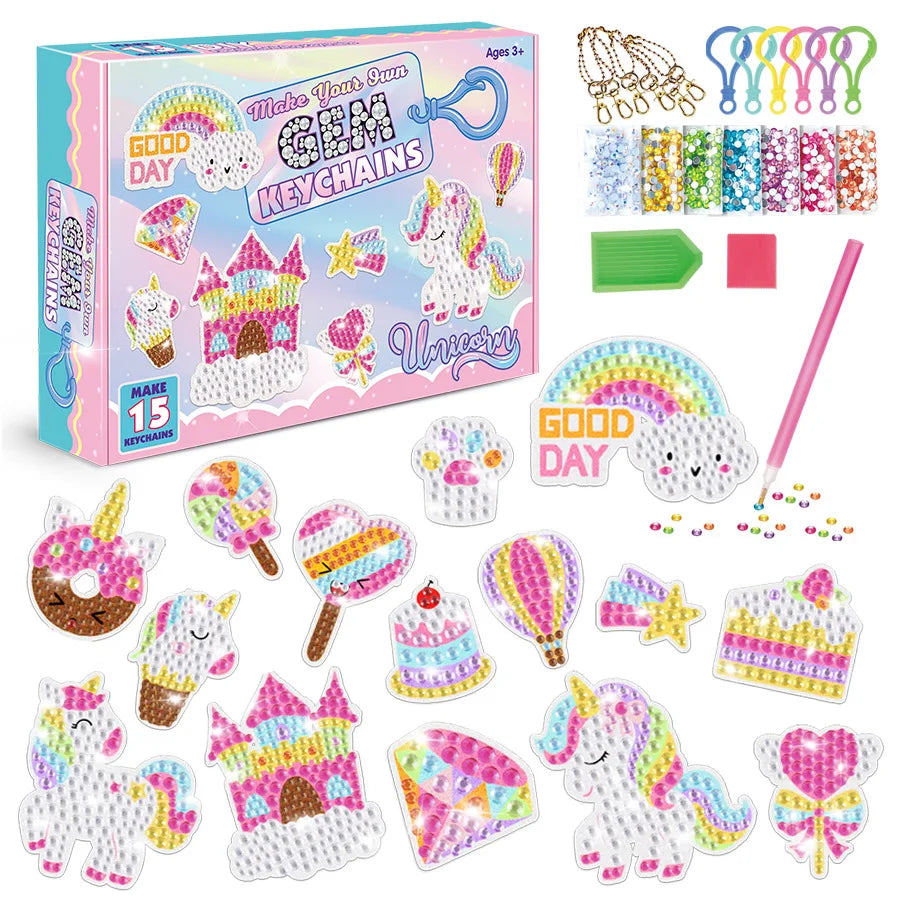 Craft kit with colorful keychains and packaging, featuring unicorns and other designs.