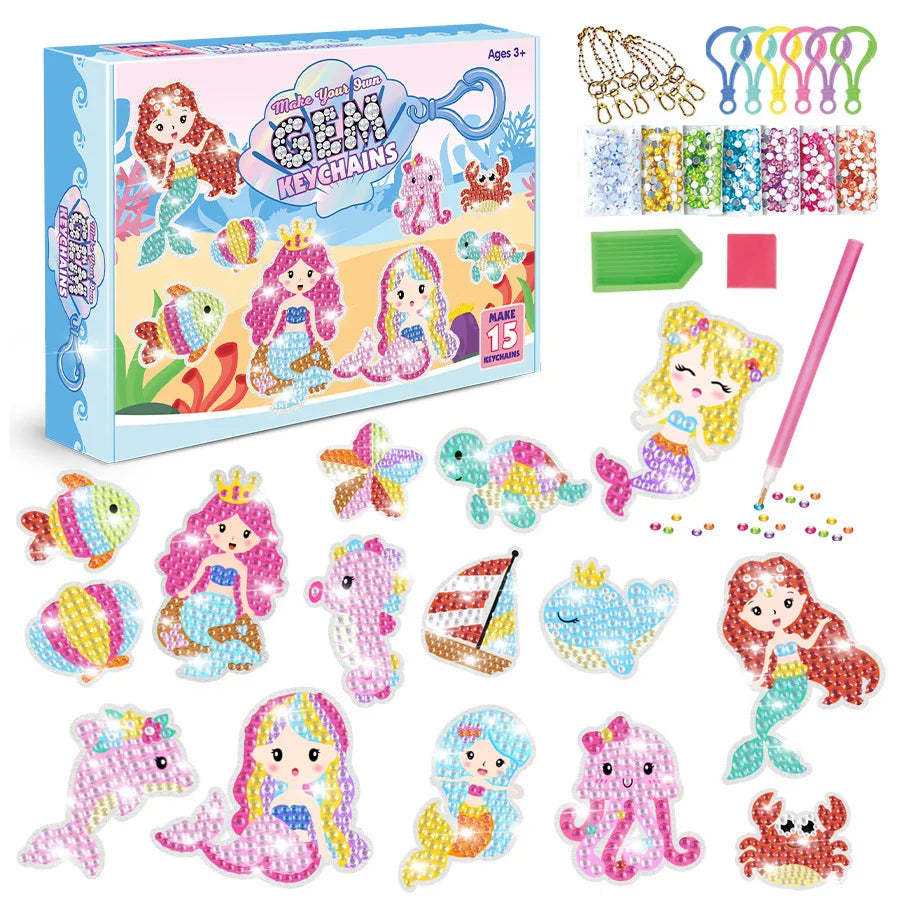 Mermaid-themed keychain making kit with packaging and materials on a white background