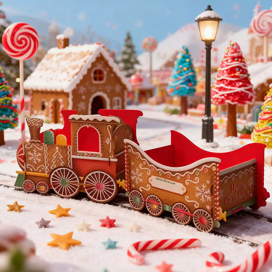 Gingerbread train Gift holder set on a snowy landscape with candy cane trees and a gingerbread house.
