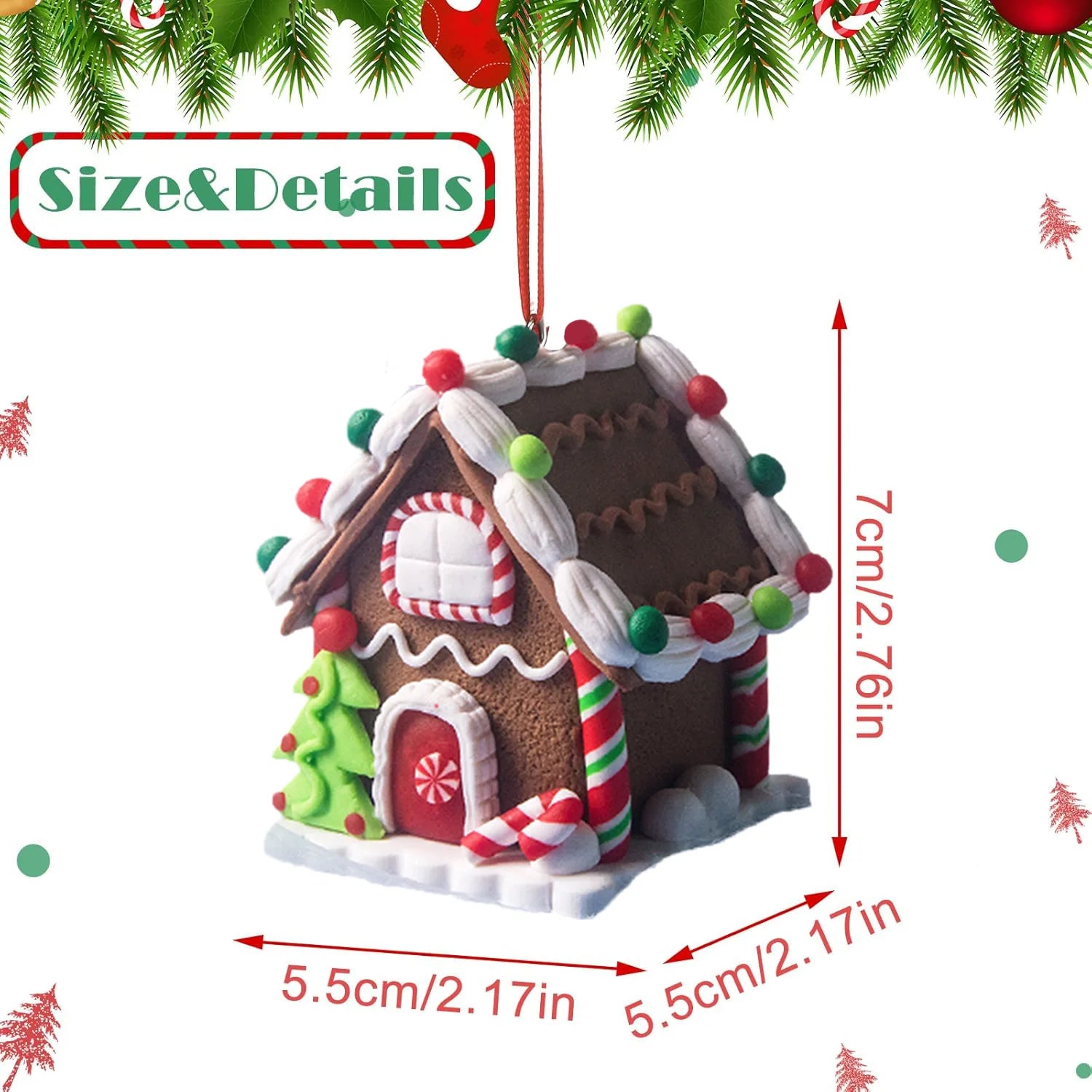 Gingerbread house ornament with measurements and Christmas decorations on a white background