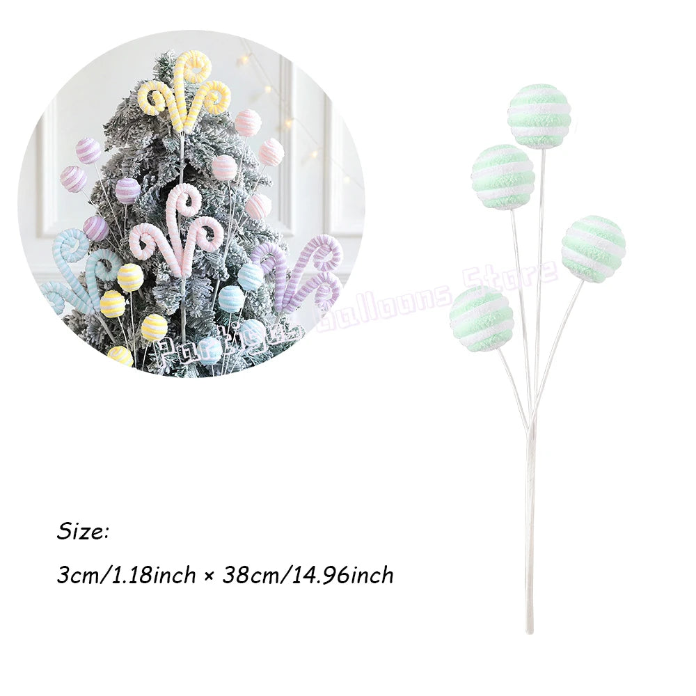 Green and white candy cane ball stems