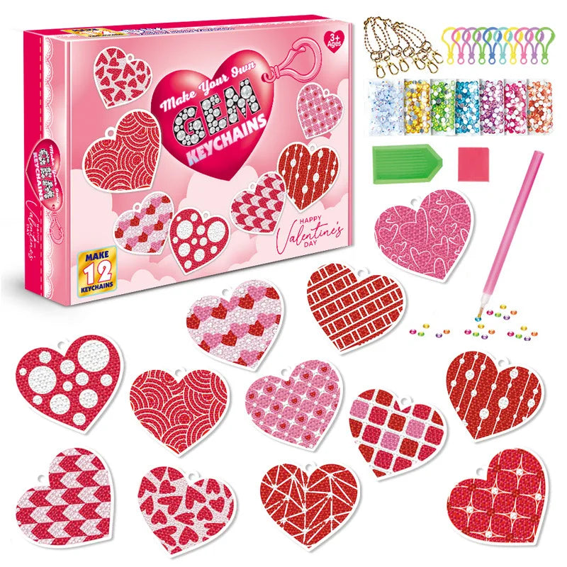 Valentine's Day keychain making kit with heart-shaped designs and packaging.