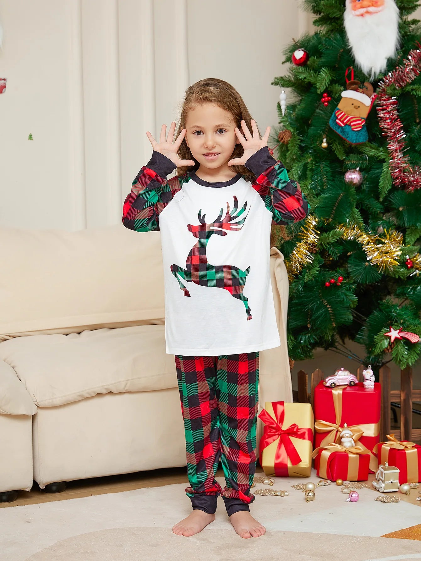Matching Family Christmas Pyjamas - Elk Plaid brother  Matching Family Christmas Pyjamas - Elk Plaid Sister Girl