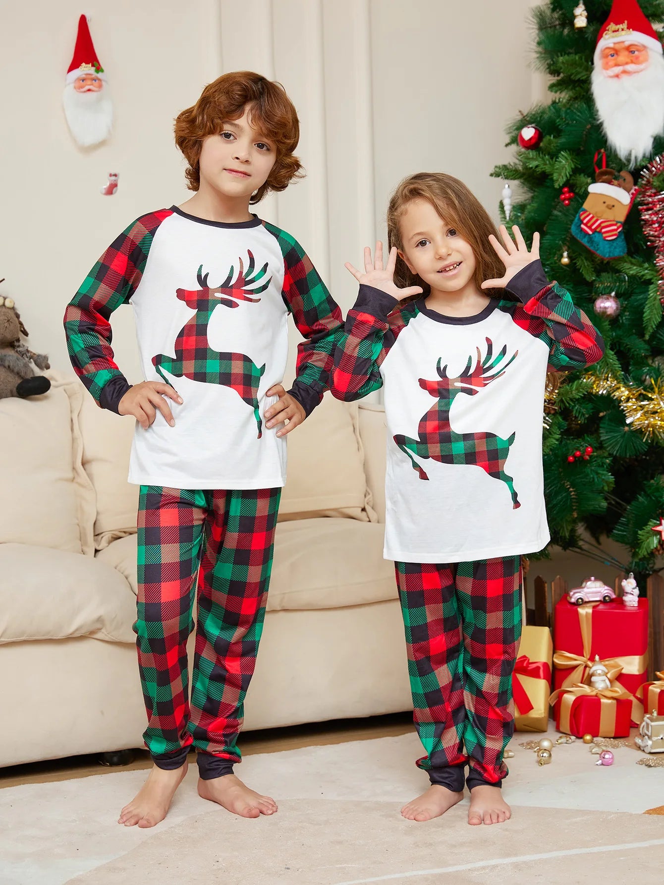 Matching Family Christmas Pyjamas - Elk Plaid brother sister