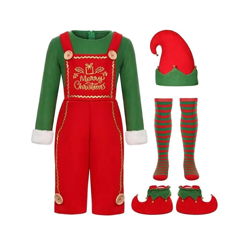 A Mens Christmas elf costume set laid out on a white background, including a green long-sleeve top with red bib overalls, red-and-green striped socks, a red-and-green elf hat, and red-and-green elf shoes.