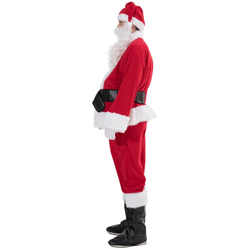 Santa Claus costume with red suit, black boots, and white beard on a white background