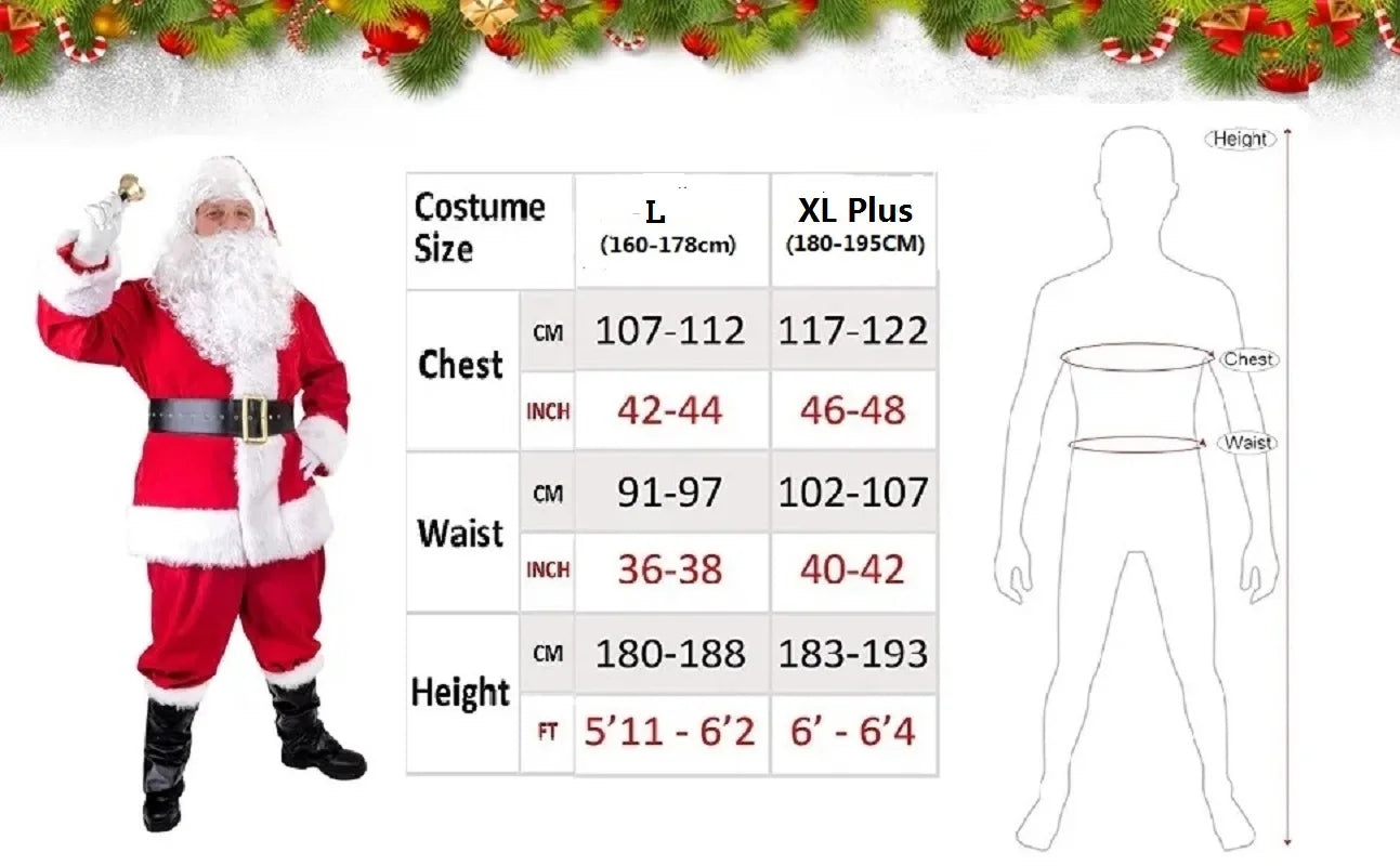 Santa Claus costume size chart with measurements on a festive background