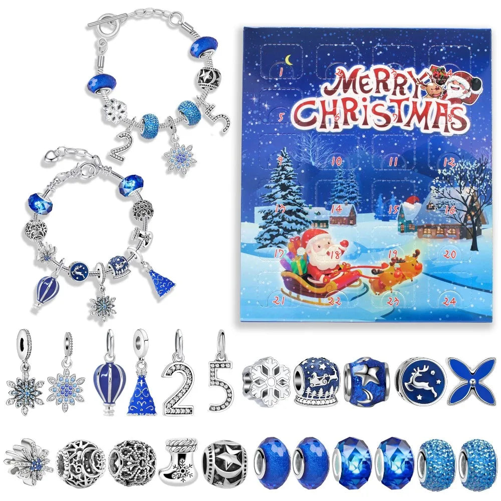 Christmas-themed jewelry set with charms and a advent calendar in the background