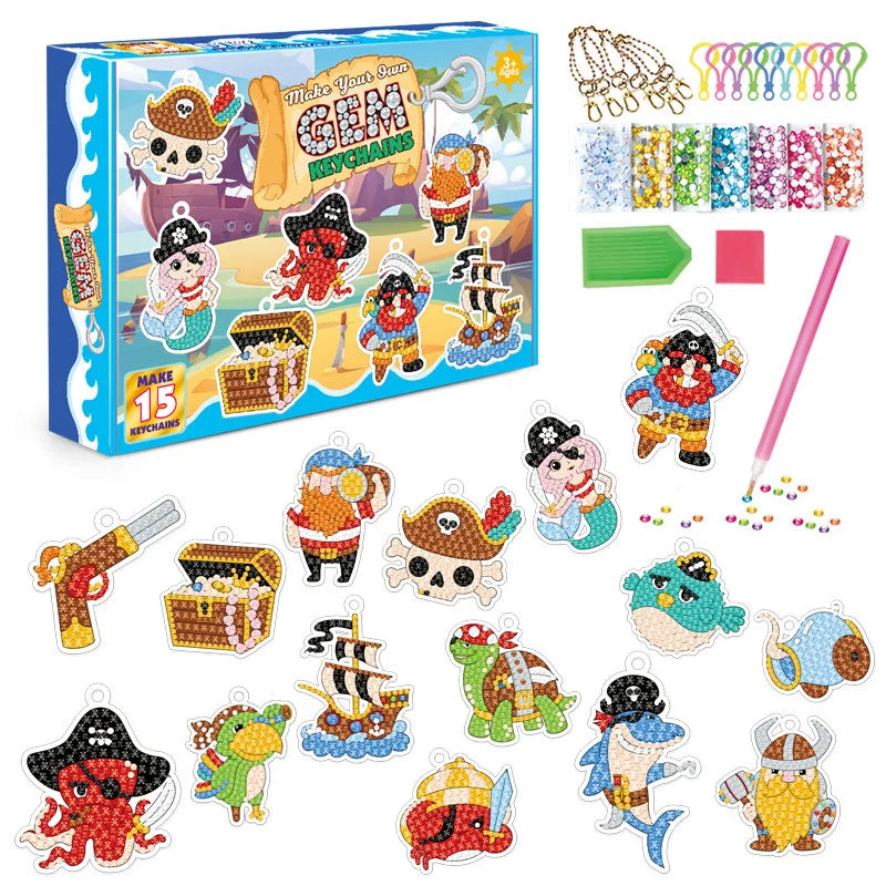 Pirate-themed gem keychain making kit with packaging and examples of keychains.