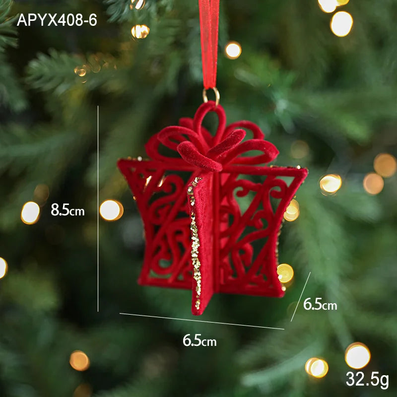 Red decorative lantern ornament with measurements on a Christmas tree background