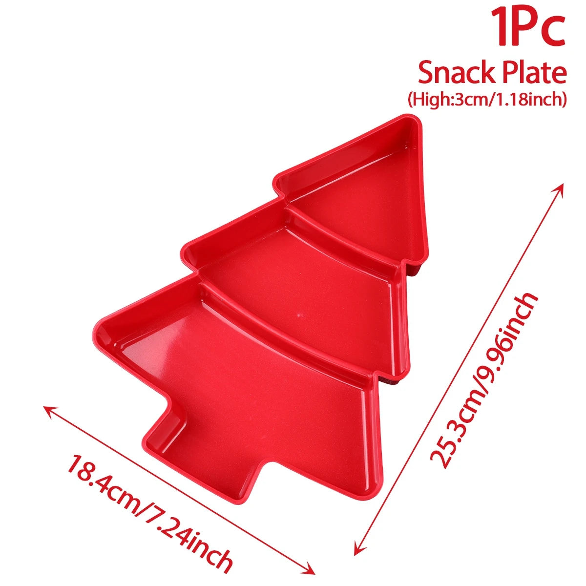 Red Christmas tree-shaped snack plate with dimensions on a white background
