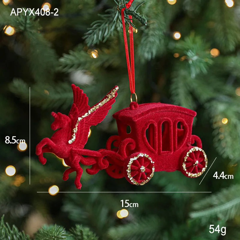 Red Christmas ornament with a carriage and horse on a tree, with measurements displayed.