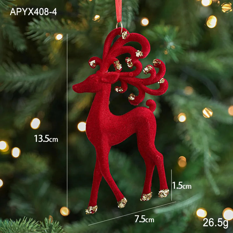 Red reindeer ornament with gold accents on a Christmas tree, showing measurements and weight.