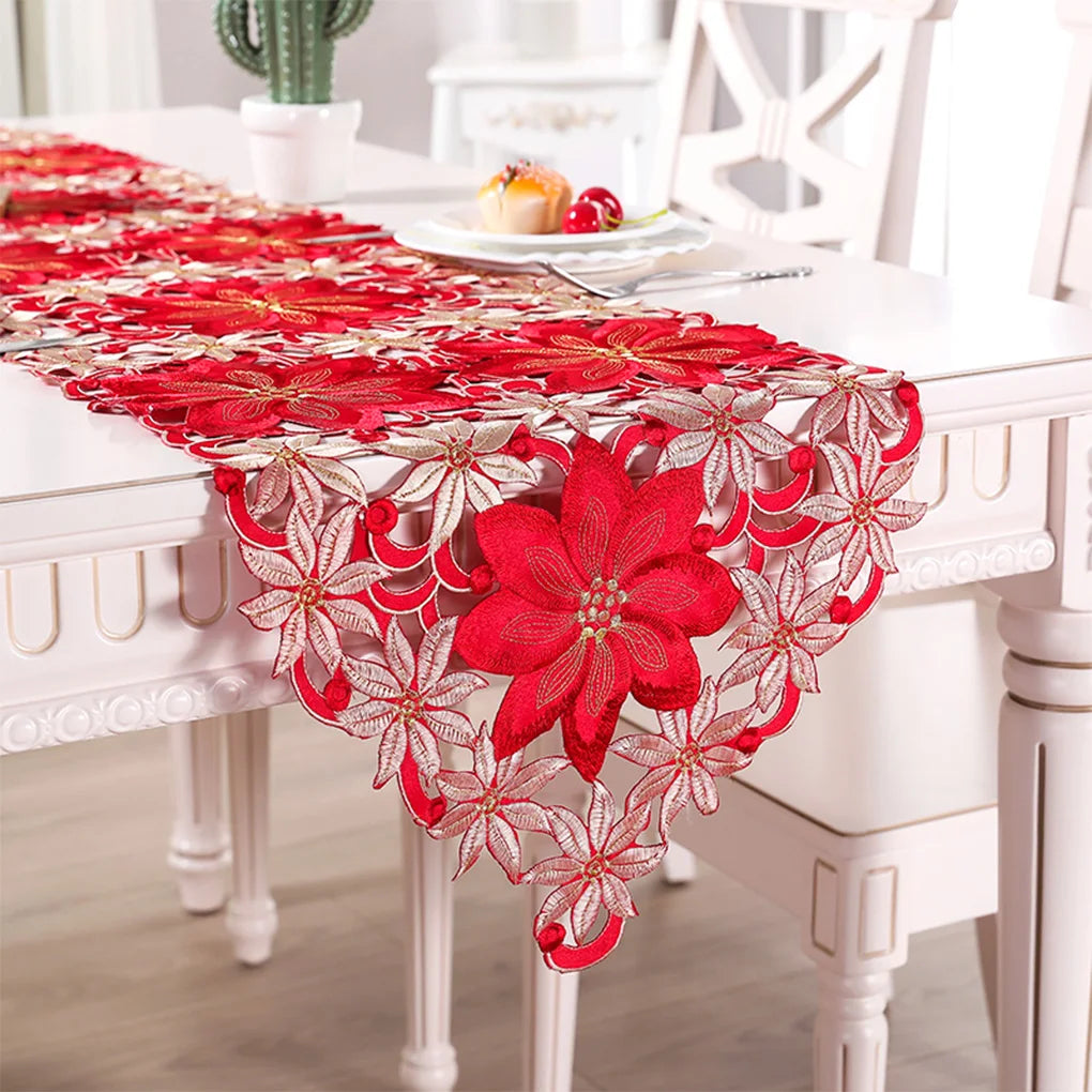 Red Poinsettia Christmas Table Runner Cloth