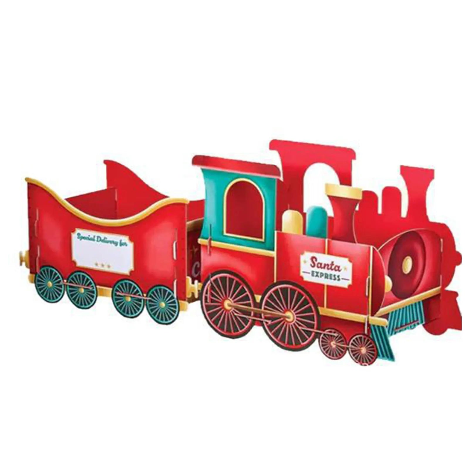 Red toy train set gift holder with 'Santa Express' branding on a white background