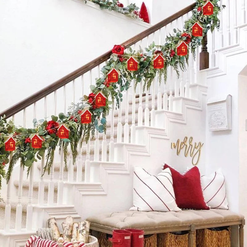Red wooden Christmas house lights
